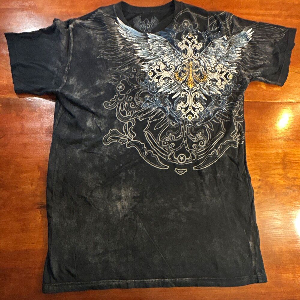 Y2K XZAVIER Black Double-Sided Graphic Print Cross Studded Crew Neck T-Shirt XL